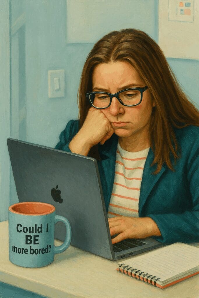 Professional woman looking bored and frustrated at laptop with coffee mug saying 'Could I BE more bored?' - representing workplace dissatisfaction and need for career change