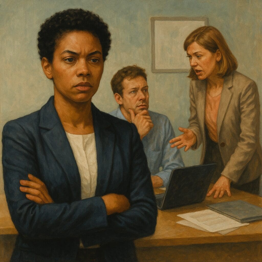 Colleagues in a meeting with one person subtly undermining another—reflecting manipulation in a workplace setting.
