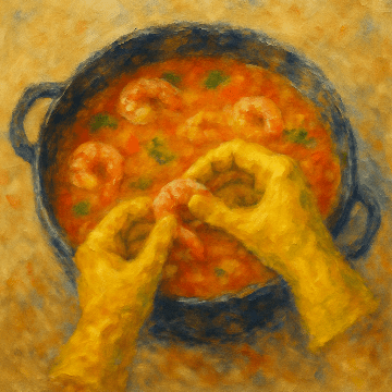 A steaming pot of homemade Thai shrimp soup with shrimp, onions, and bell peppers, evoking warmth and care.